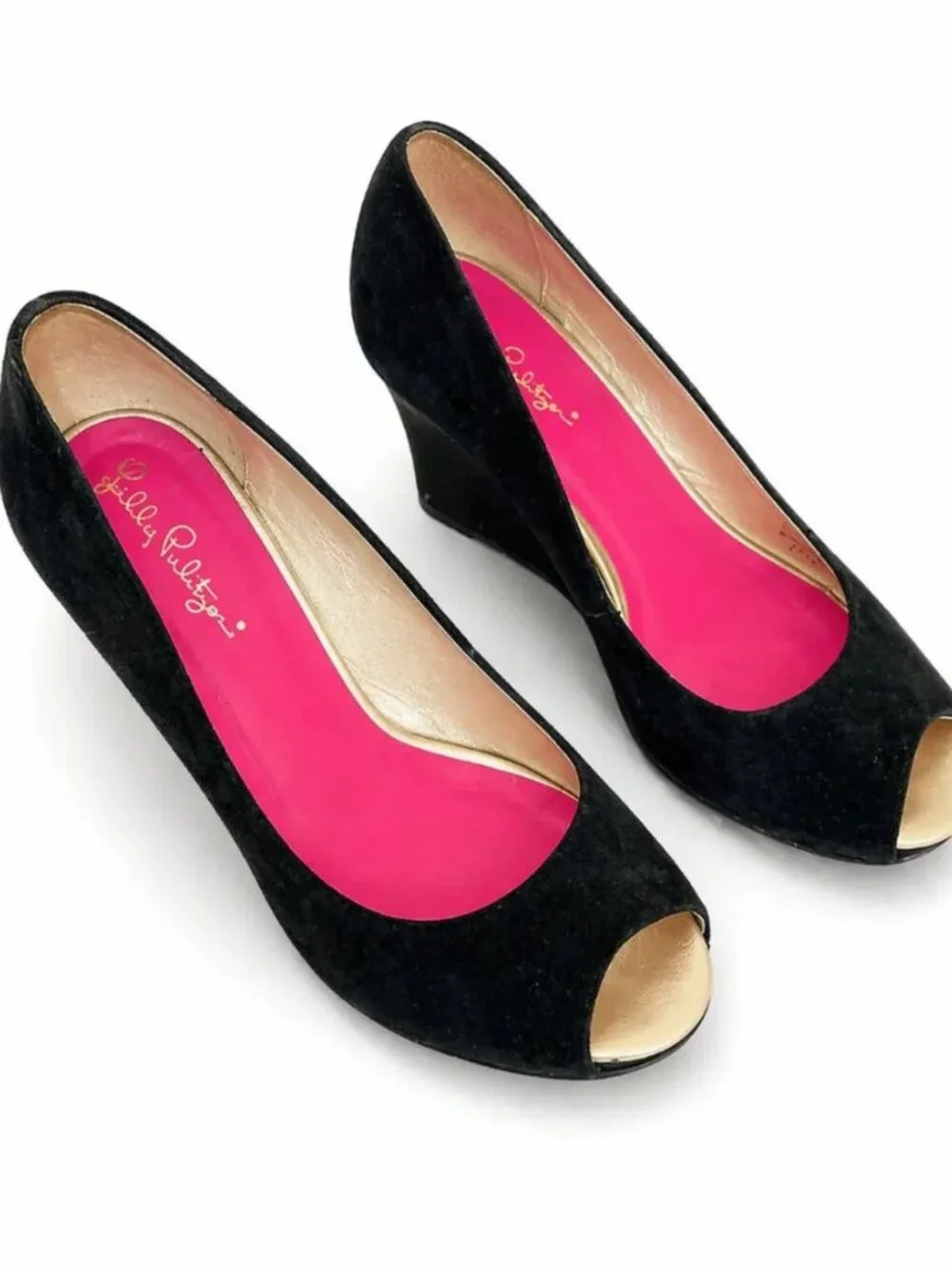 Lilly Pulitzer Black Suede Platform Wedges 7.5 Peep Toe Heel Shoes